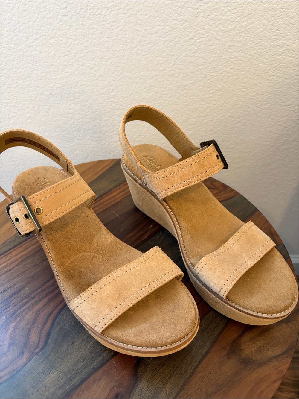 Clarks Tan Suede Wedge Sandals with Ankle Strap